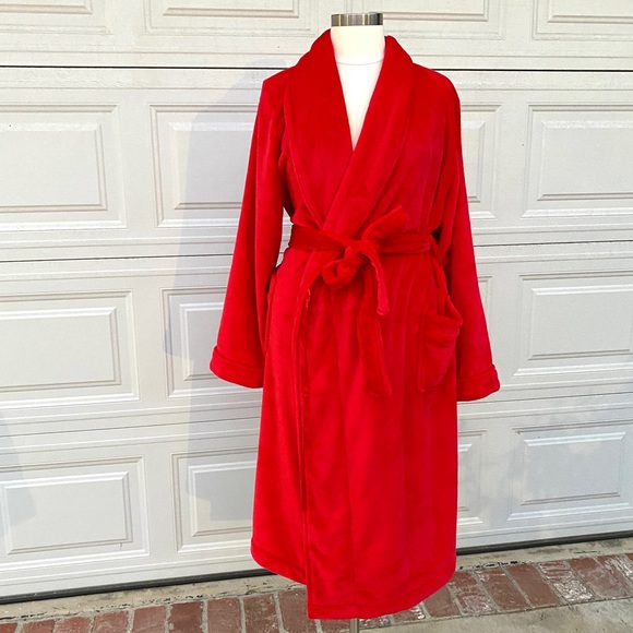 NORDSTROM red plush robe luxurious cozy wrap tie pockets long plus size 2X NEW - Picture 3 of 12